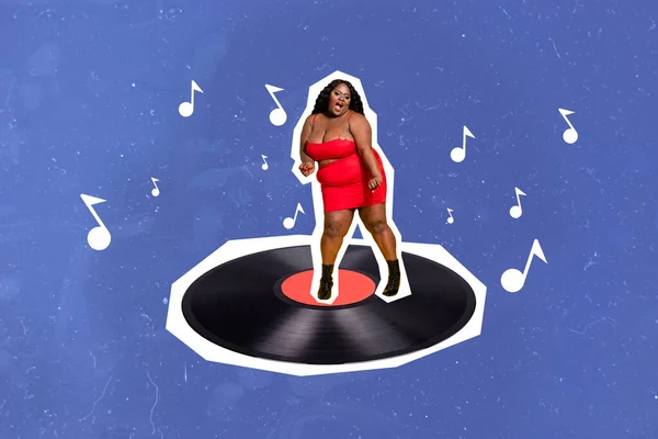 Creativo Cartel Collage Activo Grueso Atractivo Impresionante Oversize Mujer Bailando —  Fotos de Stock
