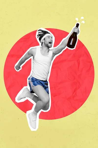 速い急いでスポーツマンを実行しているの創造的な図面のコラージュの画像は勝利のレースの勝者シャンパンの成功を祝うアルコールの戦いを上げる — ストック写真