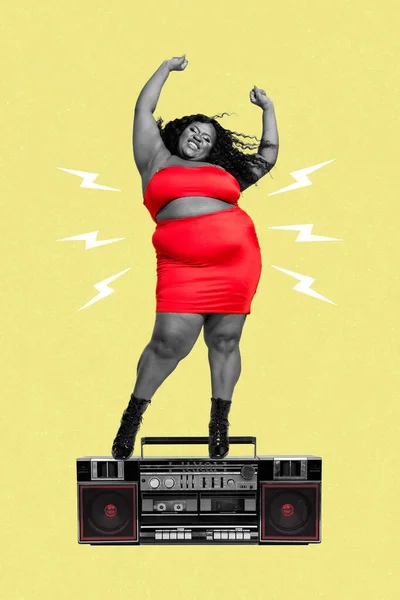 Creative trend collage of winsome energetic thick woman body positive tolerance dancing have fun retro vintage boombox discotheque queen.