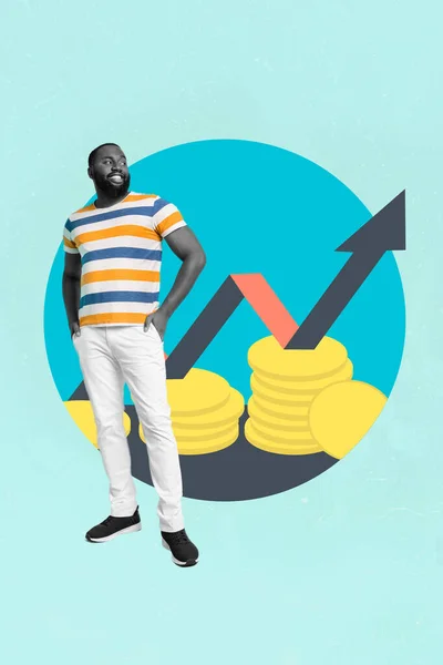 Креативний Ретро Журнал Зображення Впевненого Хлопця Аналізує Робочий Прибуток Монети — стокове фото