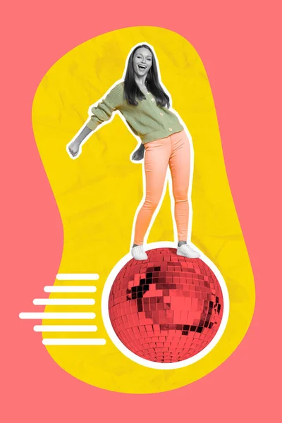 Kreativ Affisch Collage Aktiv Rolig Kvinna Dans Flyger Snabbt Disco — Stockfoto