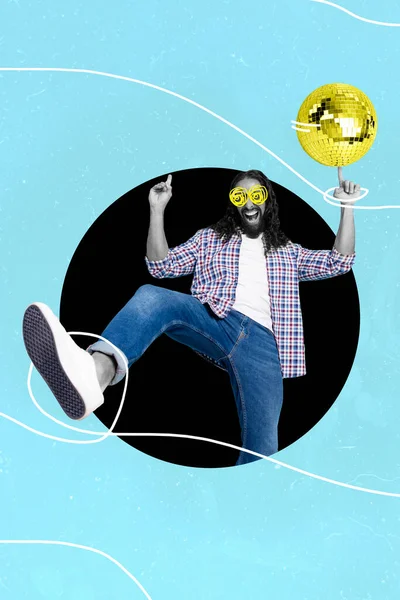 Creativo Poster Collage Attivo Energico Eccitato Uomo Partito Maker Tenere — Foto Stock