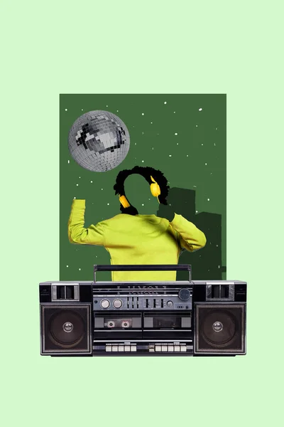 Poster image collage of youngster person with no face working dj retro party use boom box isolated on creative background.