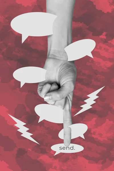 Poster Bild Collage Von Riesigen Hand Zeigen Bemerkung Müssen Senden — Stockfoto