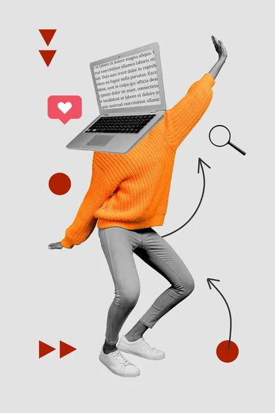 Citra Majalah Collage Orang Aneh Dengan Modern Netbook Wajah Menari — Stok Foto