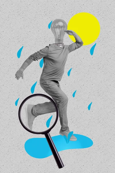 秋季灰暴雨天气下 球面男生海报横幅拼贴快速研究阳光明媚的夏季气候 — 图库照片