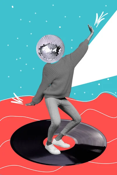 Kreative Plakatcollage Der Aktiven Dame Discokugel Statt Kopf Tanzen Energiegeladene — Stockfoto