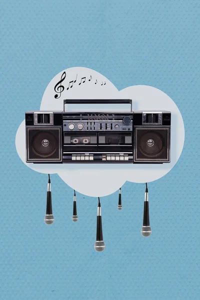 Vertical collage illustration of vintage boombox hanging microphones cloud isolated on painted background.