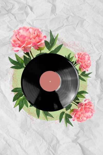 Vertical Collage Image Vintage Vinyl Record Growing Beautiful Flowers Isolated — Stock Photo, Image