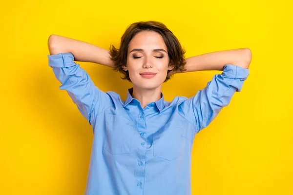 Closeup Portrait Photo Young Adorable Cute Businesswoman Dreaming Hands Head — Stock Photo, Image