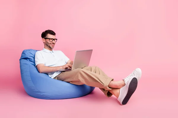 Full Length Photo Positive Man Sitting Chair Online Meeting Conference — Stock Photo, Image