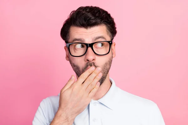 Photo of astonished man look interested empty space big black friday sale isolated on pink color background.