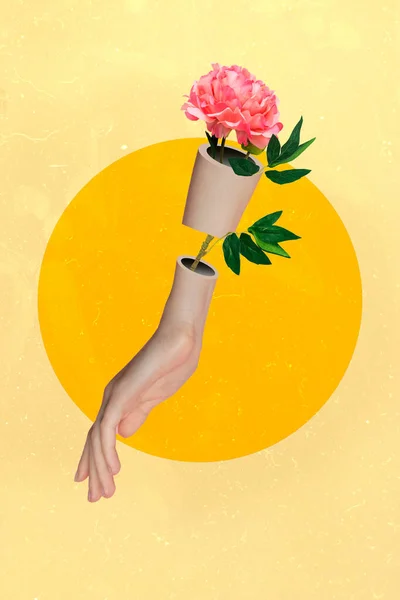 Creative Collage Human Female Hand Having Rosebud Petals Isolated Yellow — Stock Photo, Image