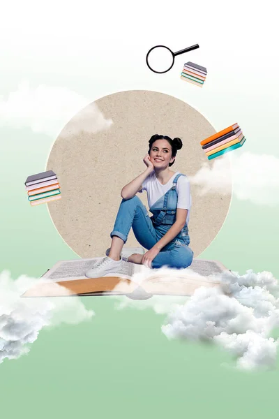 Magazine collage advert of high school lady flying on open page printed dictionary on painted image background.