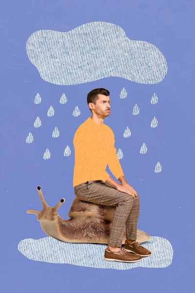 Collage 3d image of pinup pop retro sketch of funny funky sad depressed man sitting snail rainy cloud feel .unhappy miserable autumn weather.
