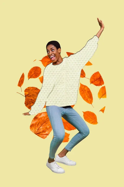 Colagem Cartaz Criativo Ativo Enérgico Senhora Dança Caindo Folhas Outono — Fotografia de Stock
