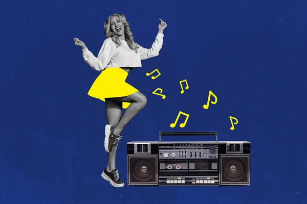 Creative drawing collage picture of energetic gorgeous young woman dancing have fun wear mini skirt listen retro vintage music boombox.