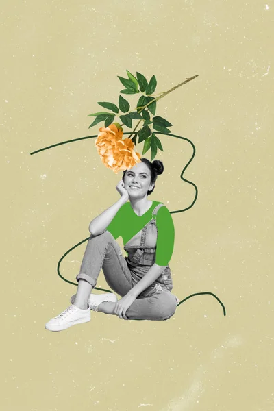 花の頭を夢見て座って愛らしい魅力的な女性の写真のスケッチグラフィックアートワークの画像孤立した図面の背景 — ストック写真