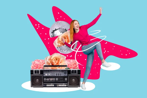 3d retro abstract creative artwork template collage of funny charming pretty woman dancing have fun retro vintage tape recorder flowers.