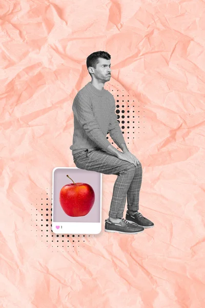 Collage Kunstwerk Grafiken Bild Von Ernsthaften Selbstbewussten Kerl Sitzen Blogger — Stockfoto