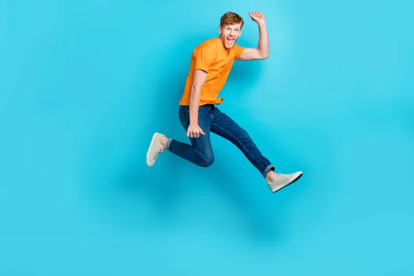 Full Size Photo Hooray Red Hair Guy Jump Wear Shirt — Stock Photo, Image