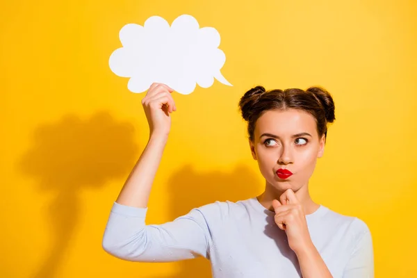 Photo Suspicious Unsure Lady Wear Long Sleeve Looking Mind Cloud — Stock Photo, Image