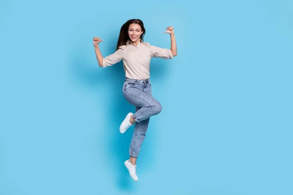 Full Size Photo Cool Young Lady Jump Index Herself Wear — Stock Photo, Image