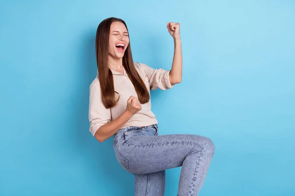 Portrait Gorgeous Excited Satisfied Woman Straight Hairdo Wear Beige Shirt — Stock Photo, Image