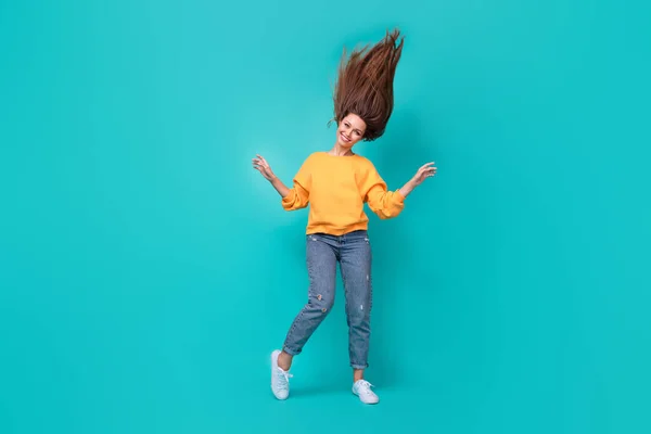 Corpo Inteiro Comprimento Foto Jovem Adorável Bonita Senhora Desgaste Laranja — Fotografia de Stock