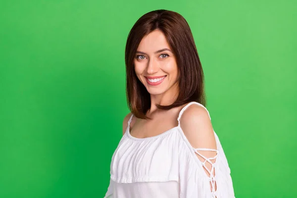 Portrait Positive Pretty Nice Lady Dressed White Summer Outfit Shopping — Stock Photo, Image