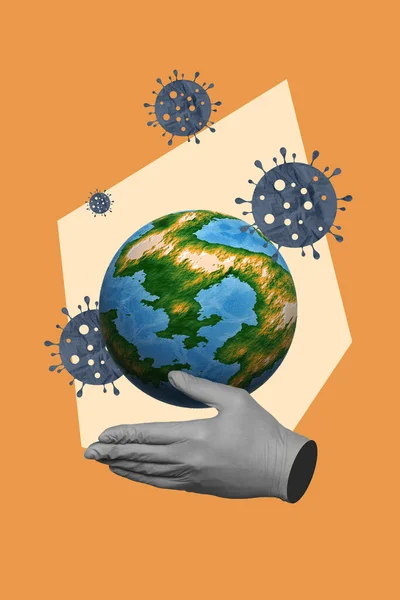 Collage Cartel Creativo Del Planeta Tierra Pandemia Mundial Rodeado Bacterias — Foto de Stock