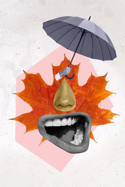 Creative trend collage of big maple leaf woman nose mouth grimace face caricature hand hold umbrella crazy autumn mood concept.