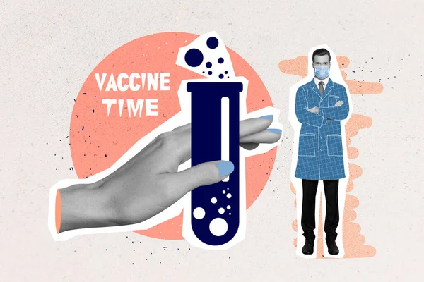 Imagen Collage Compuesto Mano Sosteniendo Laboratorio Tubo Ensayo Vacuna Tiempo — Foto de Stock