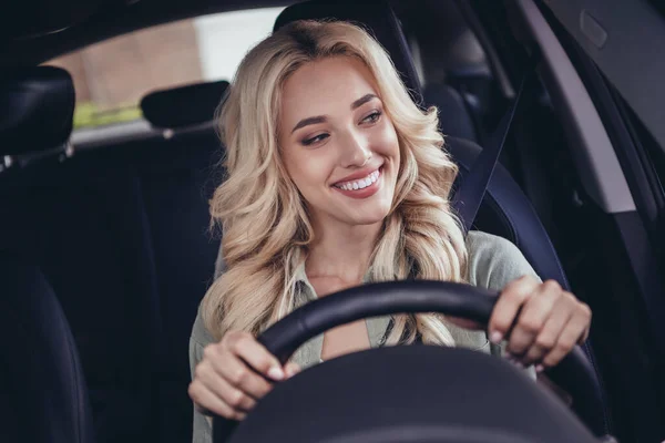 Portrait Cheerful Gorgeous Lady Sitting Driver Seat Hold Wheel Look — Stock Photo, Image