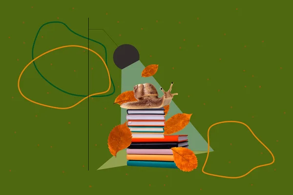 Poster advert collage of small snail crawling on copybook textbook stack bookstore school season discount concept.