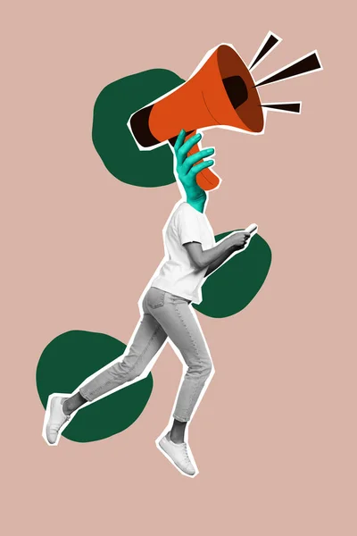 Плакат Коллаж Странный Человек Мегафон Использовать Гаджет Объявить Внимание Веб — стоковое фото