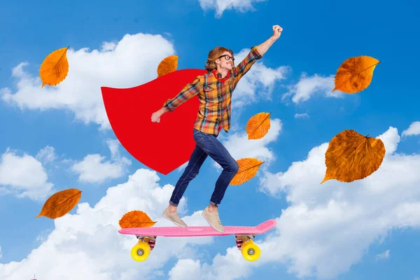 Banner Image Collage Young Guy Levitate Skyscape Ride Longboard Isolated — Stock Photo, Image
