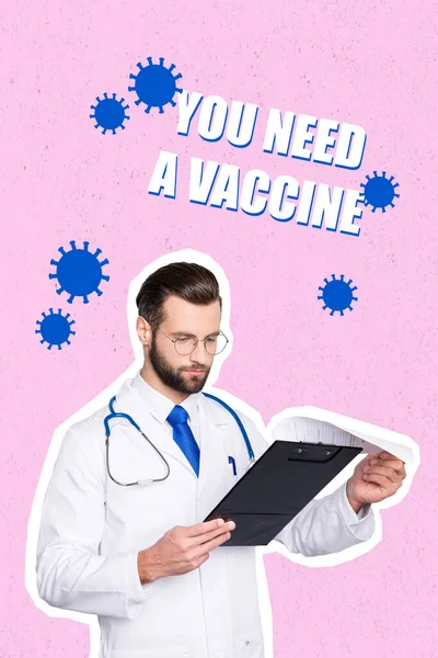 Creative poster collage of professional doctor hospital check up examination patient recommend advice you need a vaccine coronavirus.