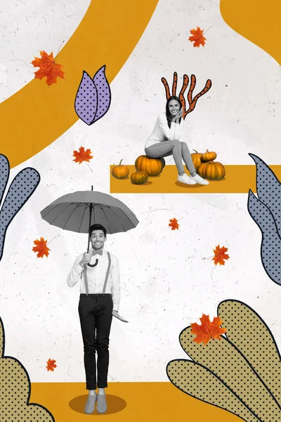 Κάθετη Εικόνα Κολάζ Του Ευτυχισμένου Χαριτωμένο Θετική Κύριος Κρατήσει Ομπρέλα — Φωτογραφία Αρχείου