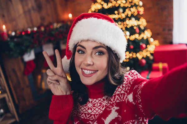 Photo Attractive Peaceful Person Take Selfie Hand Fingers Demonstrate Friendly — Stock Photo, Image