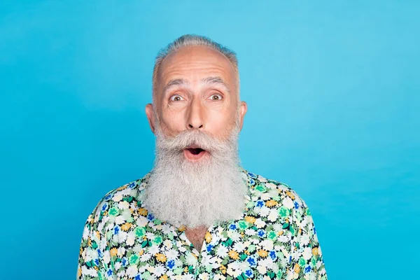 Closeup Photo Old Age Pensioner Grandfather Wear Summer Shirt Excited — Stock Photo, Image