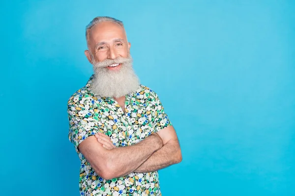 Closeup photo of old aged bearded gray pensioner wear stylish shirt toothy smile confident retired man just done whitening isolated on blue color background.