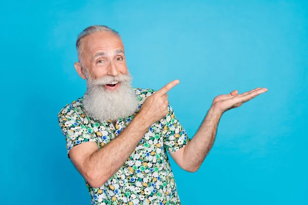 Portrait Excited Cheerful Aged Person Direct Finger Arm Hold Empty — Stock Photo, Image