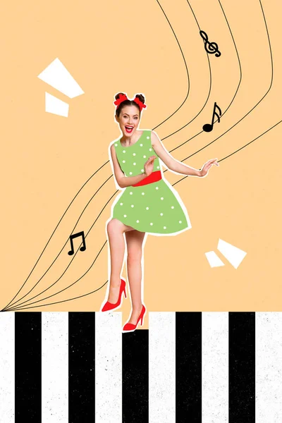 学院3D拼图流行复古小品滑稽时髦可爱酷复古装扮跳舞的年轻女子大钢琴键弹奏曲调 — 图库照片