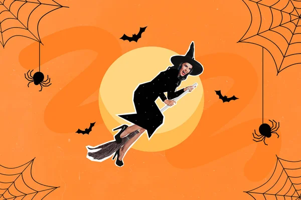 Kompozitní Koláž Obrázek Šílené Čarodějnice Létání Koště Izolované Malované Halloween — Stock fotografie