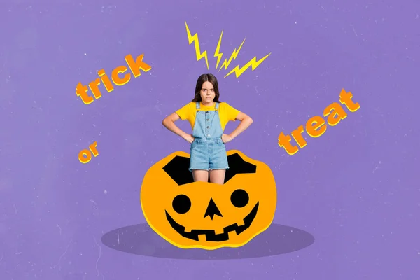 Disegno Creativo Immagine Collage Arrabbiato Irritato Piccola Ragazza Halloween Partito — Foto Stock