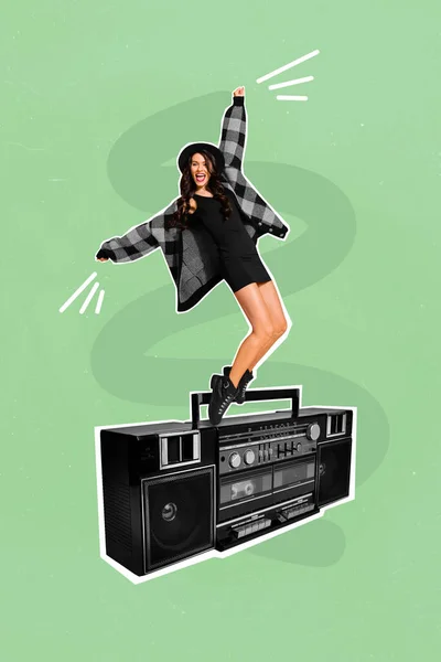 Kompozytowy Kolaż Obraz Podekscytowany Zabawny Funky Mini Młoda Kobieta Taniec — Zdjęcie stockowe