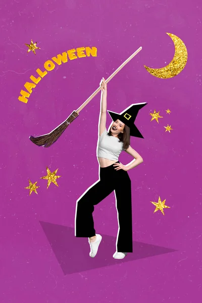 精力充沛 时髦的年轻女巫手持扫帚装束的创作潮流拼贴在派对海报 宣传画背景之间 — 图库照片