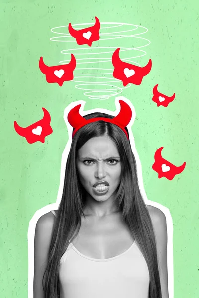 3d retro abstract creative artwork template collage of angry irritated young gorgeous woman devil demon horns like hearts notifications.