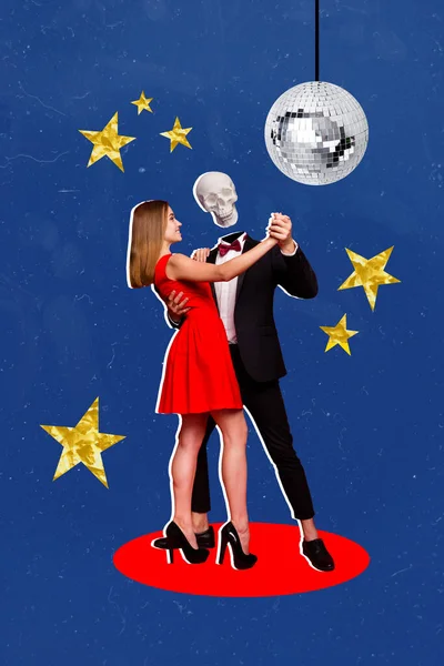 Vertical creative collage image of dancing gothic halloween spooky couple tango gentleman skeleton skull head disco ball nightclub promo.